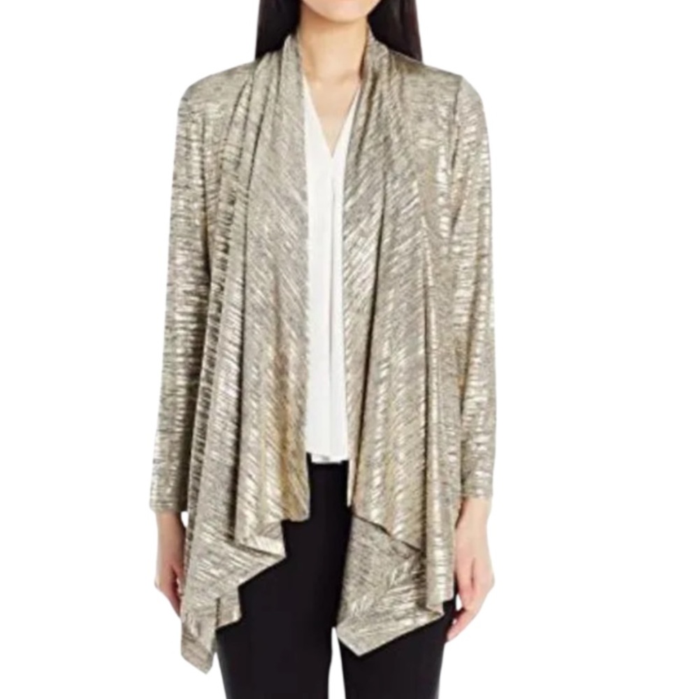 Calvin Klein Cardigan Gold Metallic Waterfall Open Front Long Sleeve Size Medium
